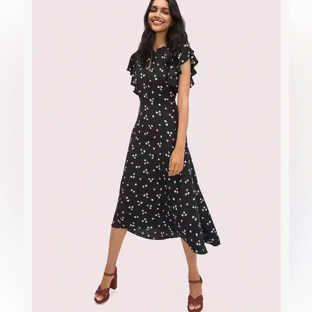 Kate Spade Ditsy Begonia flutter sleeve black floral dress sz 6